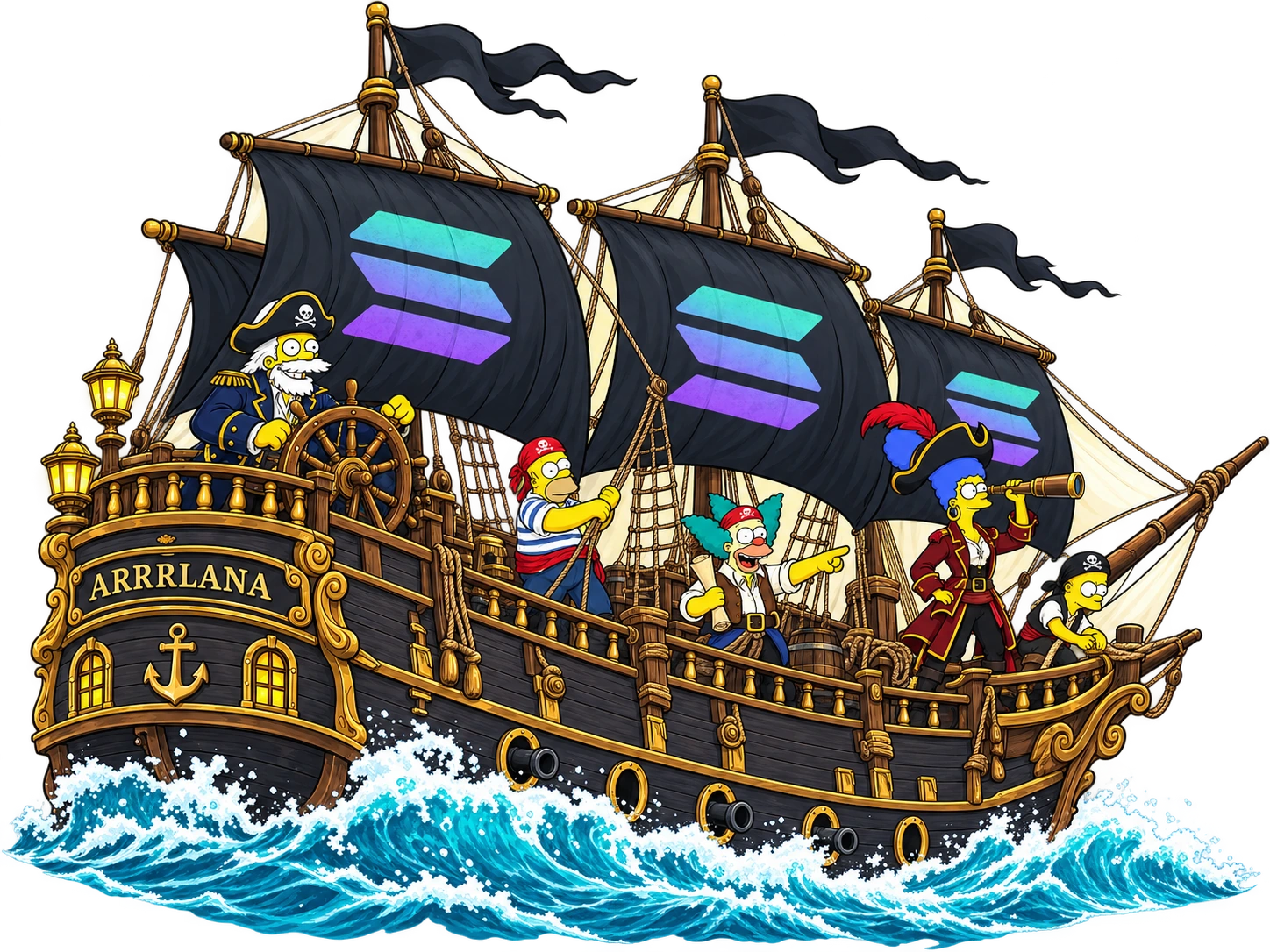 The ARRRLANA pirate crew at work: steering, hauling rigging, navigating and keeping watch aboard their ship