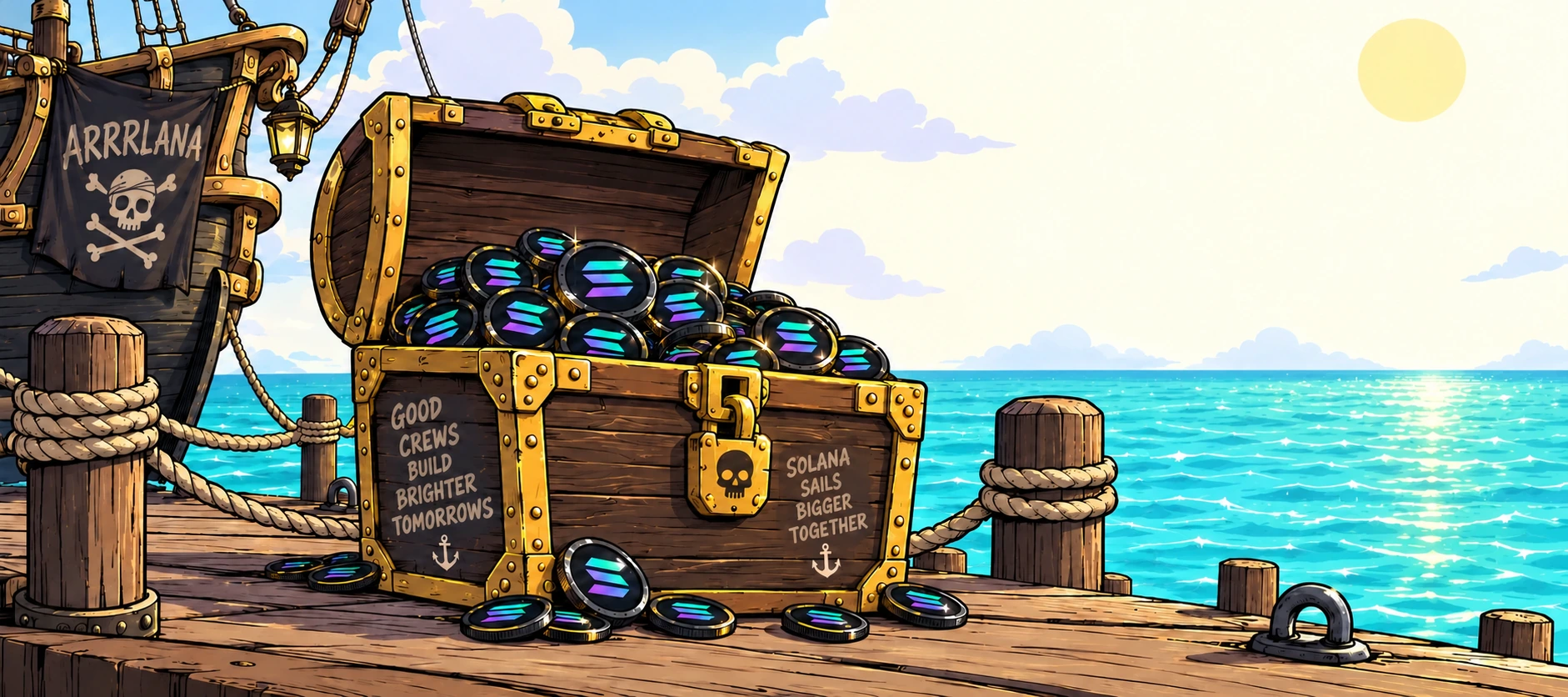 A pirate ship and a treasure chest filled with black Solana coins on a wooden dock