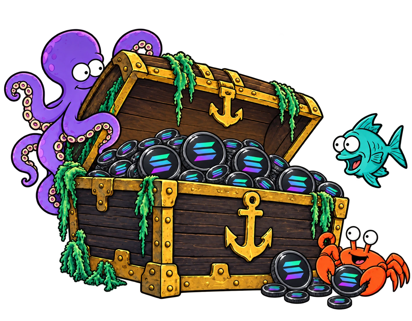 The underwater treasure chest filled with black Solana coins, with an octopus, fish and crab